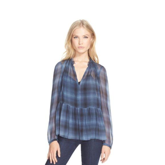 Rebecca Taylor Plaid Silk Blouse Size 4 Long Sleeve Sheer V-neck New - Picture 2 of 15
